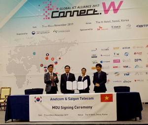 Lễ ký kết Hợp đồng hợp tác giữa SAIGONTEL với hai đối tác ANETCOM HQ và KDIGITAL tại hội nghị Connect W 2017 tại Hàn Quốc